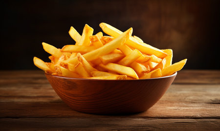 Golden French fries potatoes in bowl on wooden background. Toned.の素材