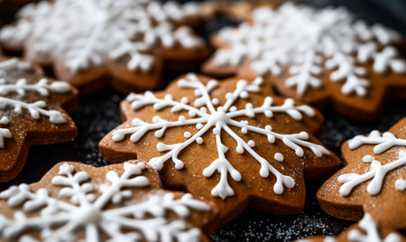 Christmas gingerbread cookies with snowflakes on a black background.の素材