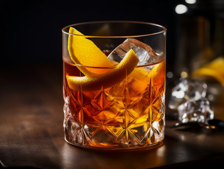 Cocktail with orange and ice in a glass on a wooden tableの素材