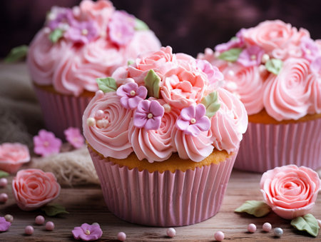 Cupcakes with pink buttercream frosting and flowers on wooden backgroundの素材