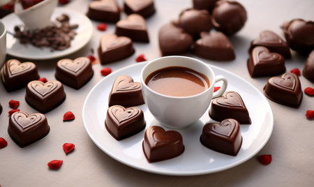 Cup of coffee with heart shaped chocolates on table, closeupの素材