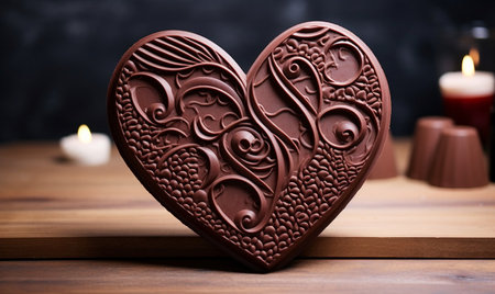 Chocolate heart on a wooden table. Valentine's Day background.の素材