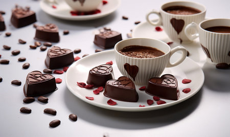 Cup of hot chocolate with heart shaped chocolates on white backgroundの素材