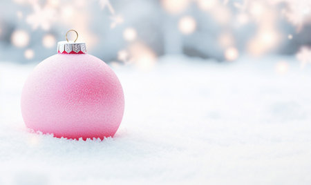 Pink christmas ball on snow with bokeh background and copy spaceの素材