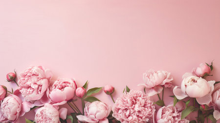 Pink peonies on pink background. Flat lay, top view, copy spaceの素材