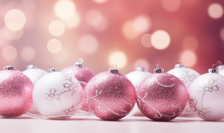 Pink christmas baubles on bokeh background with copy spaceの素材