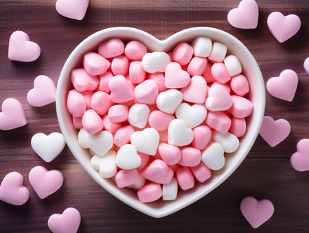 Pink and white heart shaped marshmallows in a bowl on wooden backgroundの素材