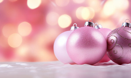 Pink christmas baubles on bokeh background with copy spaceの素材