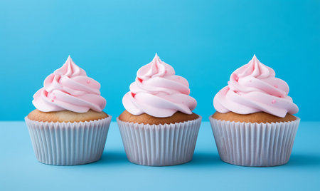 Three cupcakes with pink frosting on blue background with copy spaceの素材