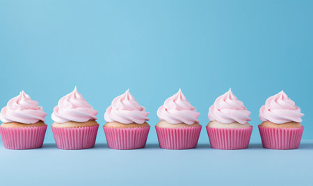 Cupcakes with pink cream on a blue background. Place for text.の素材