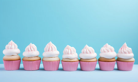 Cupcakes with pink frosting on pastel blue background.の素材