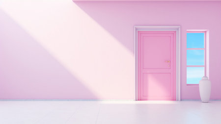 Pink door in empty room, 3d rendering. Computer digital drawing.の素材