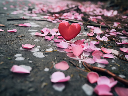 Heart on the ground with pink rose petals, valentine backgroundの素材