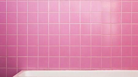 Pink ceramic tile wall and white bathtub in bathroom interior background.の素材