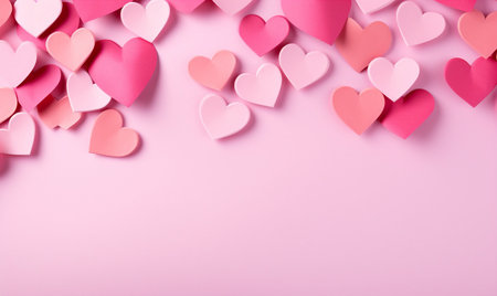 Valentine's day background with pink paper hearts on pink backgroundの素材