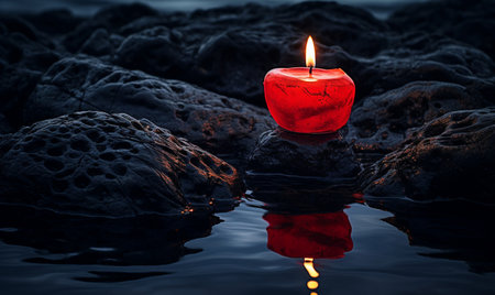 Burning red candle on a black rock in the water at nightの素材