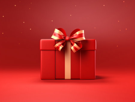 Gift box with red ribbon on red background. Vector illustration.の素材