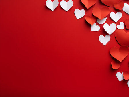 Valentine's day background with white paper hearts on red.の素材