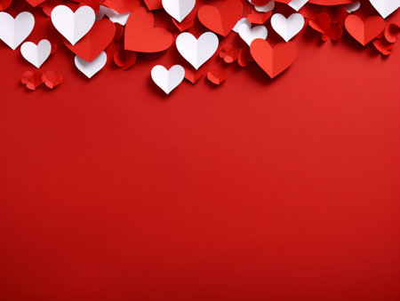 Valentine's day background with red and white paper hearts.の素材