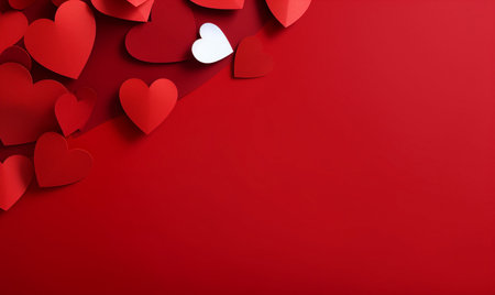 Valentine's day background with red paper hearts on red backgroundの素材