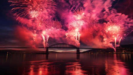Colorful fireworks of various colors over the sea with a bridge in the backgroundの素材