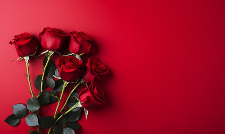 Beautiful red roses on red background, top view. Space for textの素材