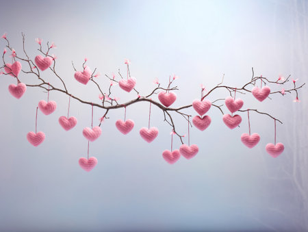 Pink hearts hanging on a branch. Valentine's day background. Love concept.の素材