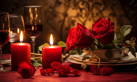 Romantic dinner with red roses, candles and glasses of red wineの素材