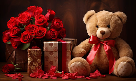 Teddy bear with gift boxes and red roses on wooden background.の素材