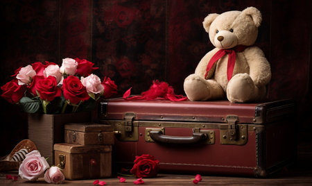 Teddy bear and old valentine's suitcase with roses.の素材
