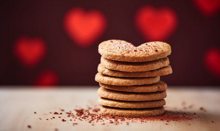 Stack of oatmeal cookies with red hearts on wooden table and red backgroundの素材