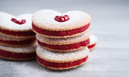 Strawberry cookies with powdered sugar on a gray wooden background.の素材
