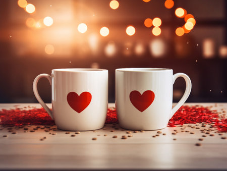 Two white coffee mugs with red hearts on bokeh backgroundの素材