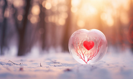 Crystal ball with red heart on snow in winter forest. Valentines day conceptの素材
