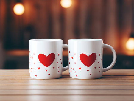 Two white coffee mugs with red hearts on wooden table in cafeの素材