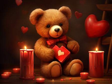 Valentine's day greeting card with teddy bear and candlesの素材