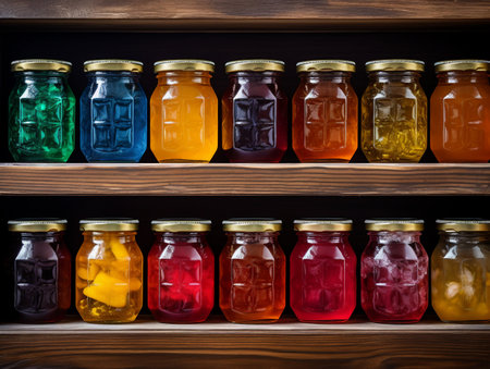 Jars with colorful jam on a wooden shelf. Toned.の素材