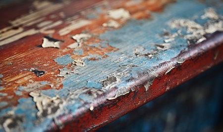 Old wooden bench with peeling paint. Shallow depth of field.の素材