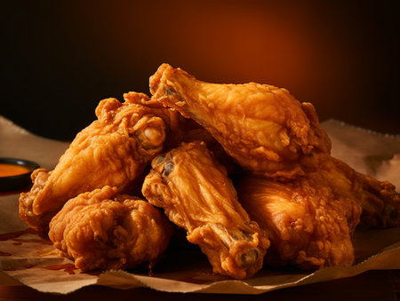 Fried chicken wings on brown paper with chili sauce on dark backgroundの素材