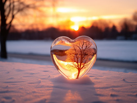 Heart with tree in the snow at sunset. Winter love concept.の素材