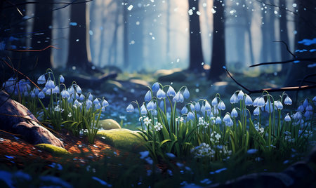 Beautiful spring snowdrop flowers in the forest. 3d renderingの素材
