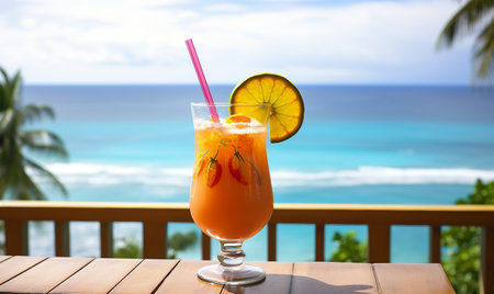 Tequila sunrise cocktail on a tropical beach terrace with ocean viewの素材