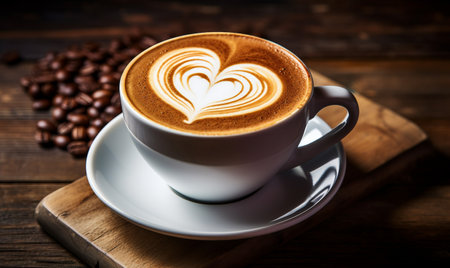 Coffee cup with latte art on wooden table background.の素材
