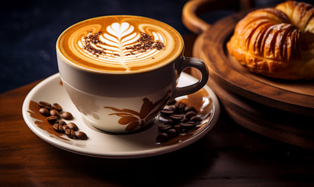Coffee cup with latte art on wooden table in cafeの素材