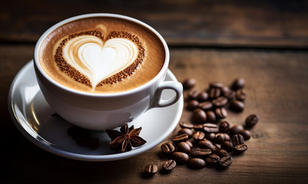 Cup of coffee with heart shape latte art on wooden backgroundの素材