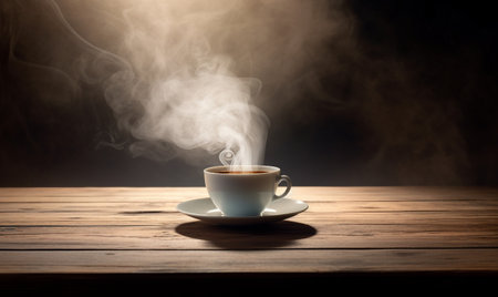 Cup of coffee on wooden table with smoke on dark background.の素材