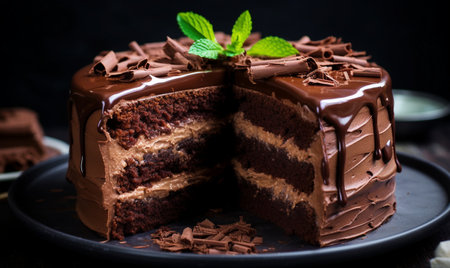 Piece of chocolate cake with mint leaves on a dark background.の素材