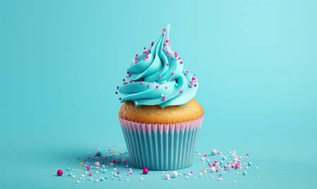 Cupcake with blue frosting and sprinkles on blue backgroundの素材