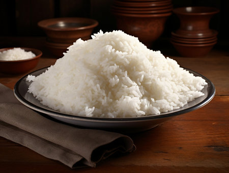 Rice in a bowl on a wooden table. Close-upの素材