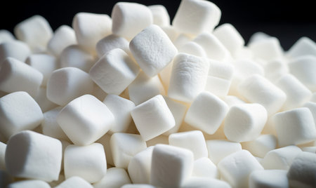 White marshmallows on a black background. Shallow depth of field.の素材